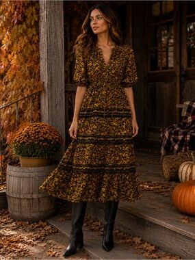 NWT FARM Rio Starfruit Green and Yellow Floral Tiered Maxi Dress size S